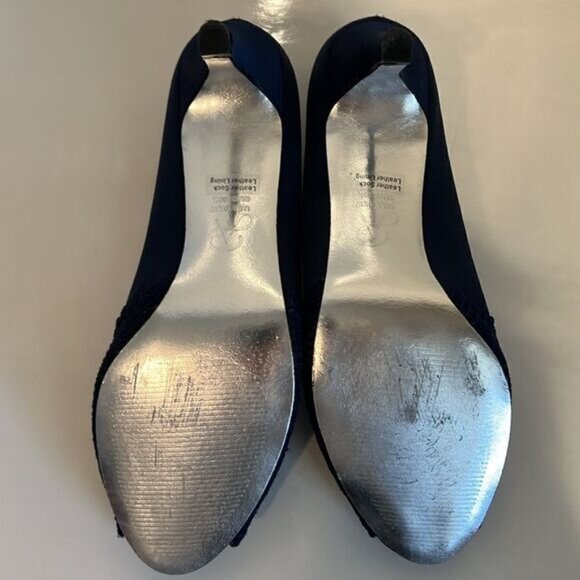 Adrianna Papell Navy Blue Satin Peep Toe Kitten Heel Shoes Size 9.5W - Picture 9 of 11